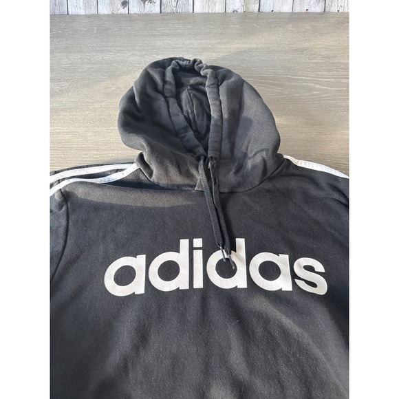 Adidas Pullover Hoodie Mens Medium Black White 3 Stripe Logo Sweatshirt - Picture 1 of 11